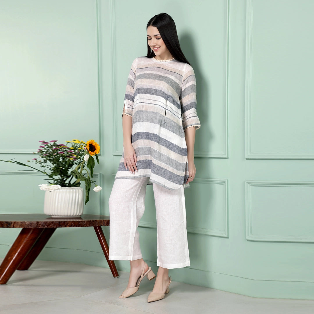 AM022156 SIDE POCKET GINGHAM 100%LINEN TOP