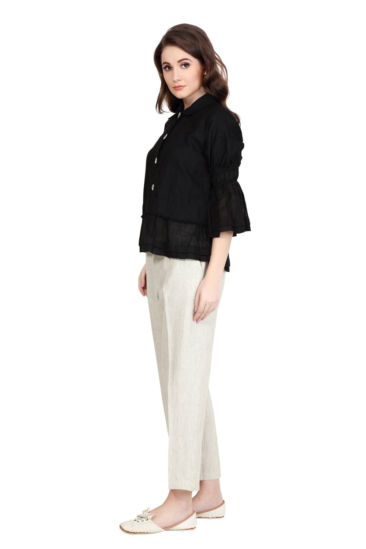 Linen and Linens - Ruffled Linen Shirt - Black - 2