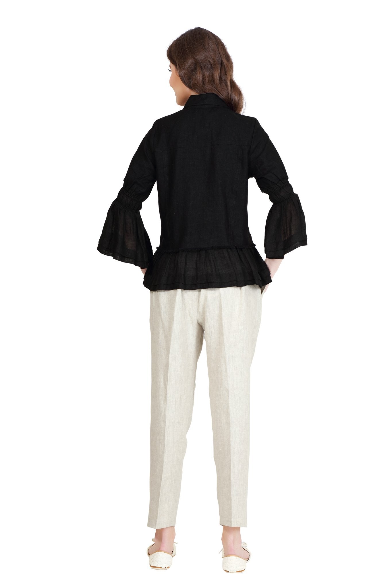 Linen and Linens - Ruffled Linen Shirt - Black - 4
