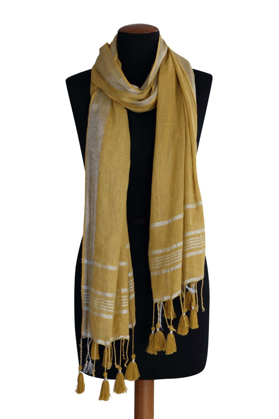 Linen and Linens - Linen Scarf with Lurex Border - Ochre - 1