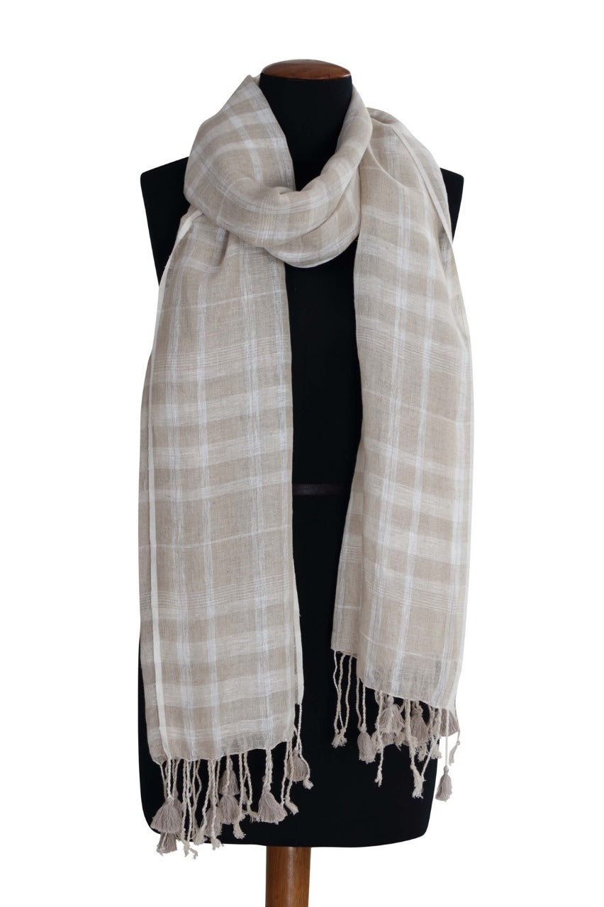 Linen and Linens - Natural Bleach Checkered Linen Scarf - 1