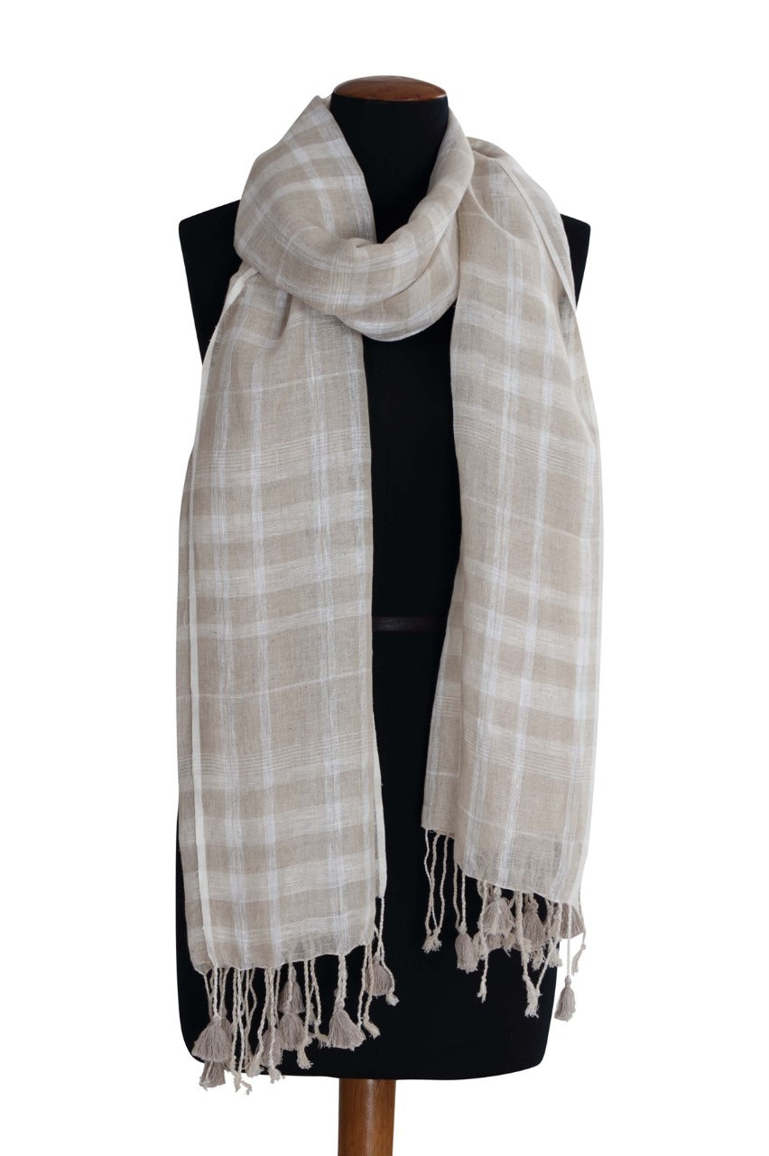 Load image into Gallery viewer, Linen and Linens - Natural Bleach Checkered Linen Scarf - 1
