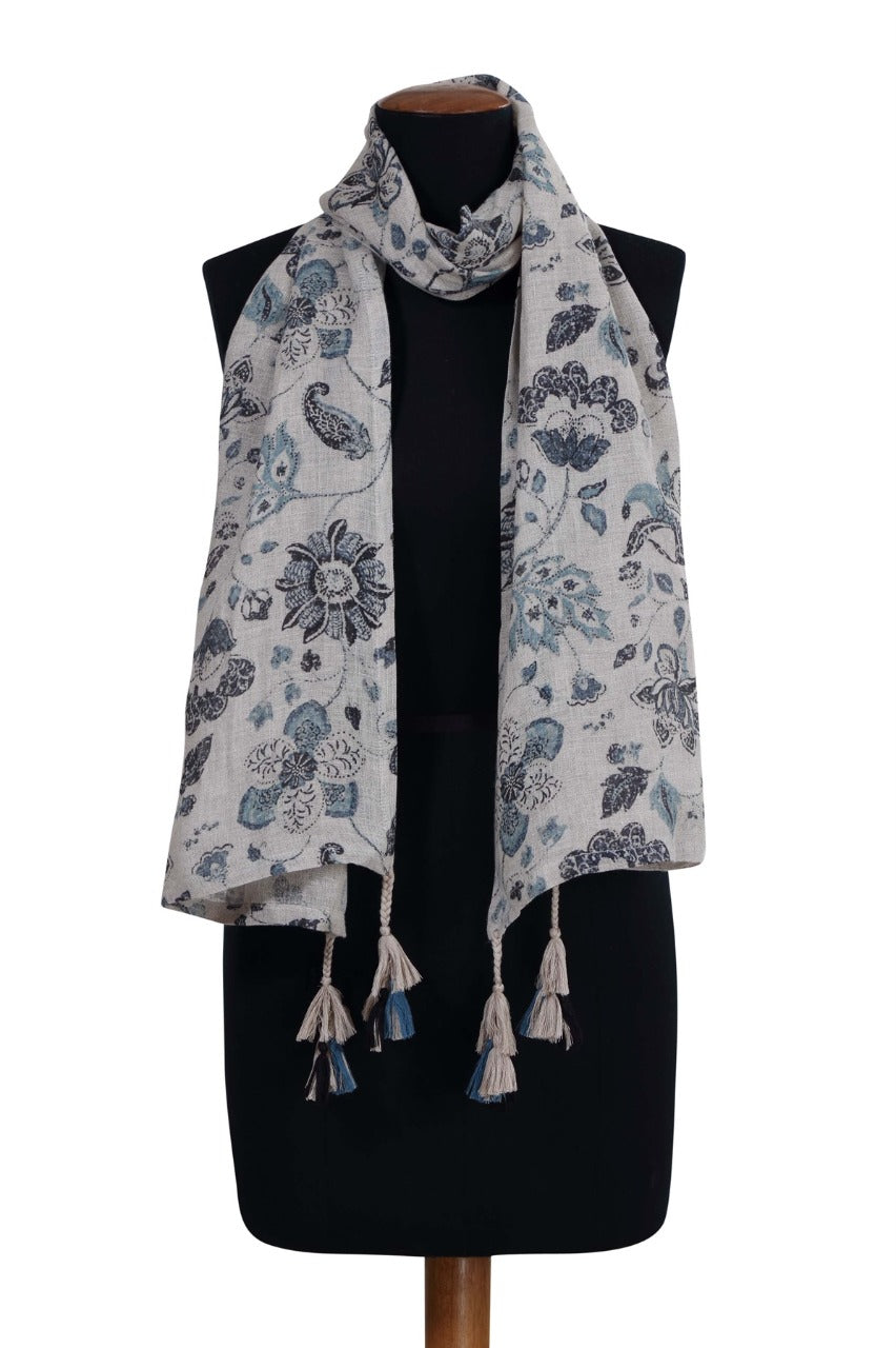 Linen and Linens - Blue Paisley Print Linen Scarf - 1