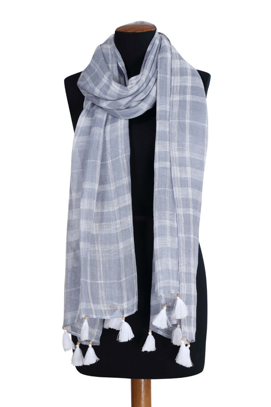 Load image into Gallery viewer, Linen and Linens - Grey and White Checkered Linen Scarf - 1
