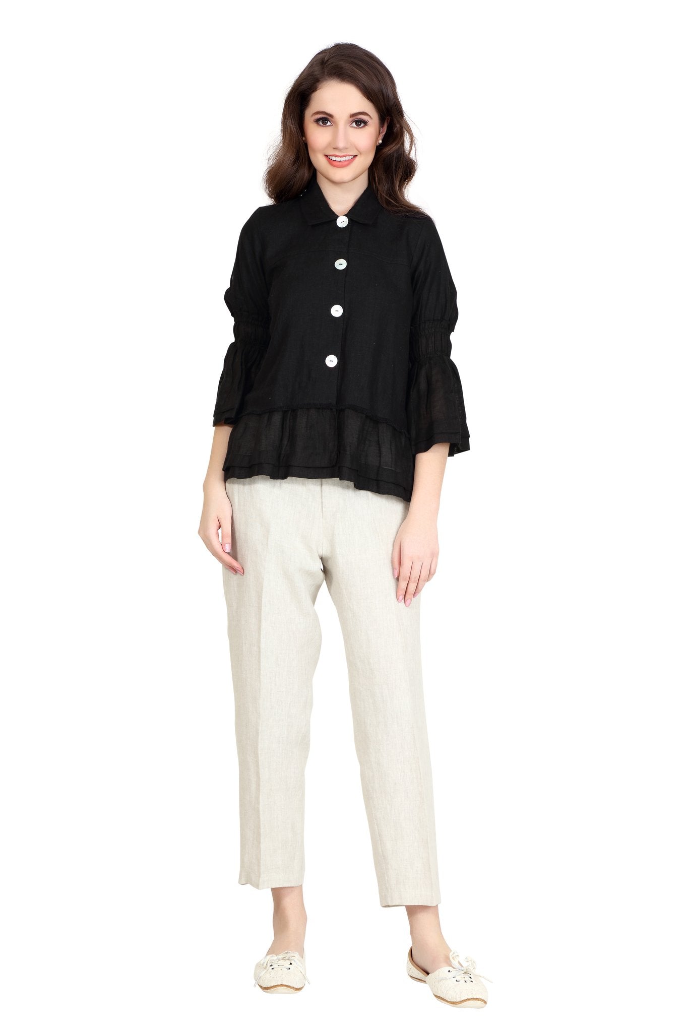Linen and Linens - Ruffled Linen Shirt - Black - 1