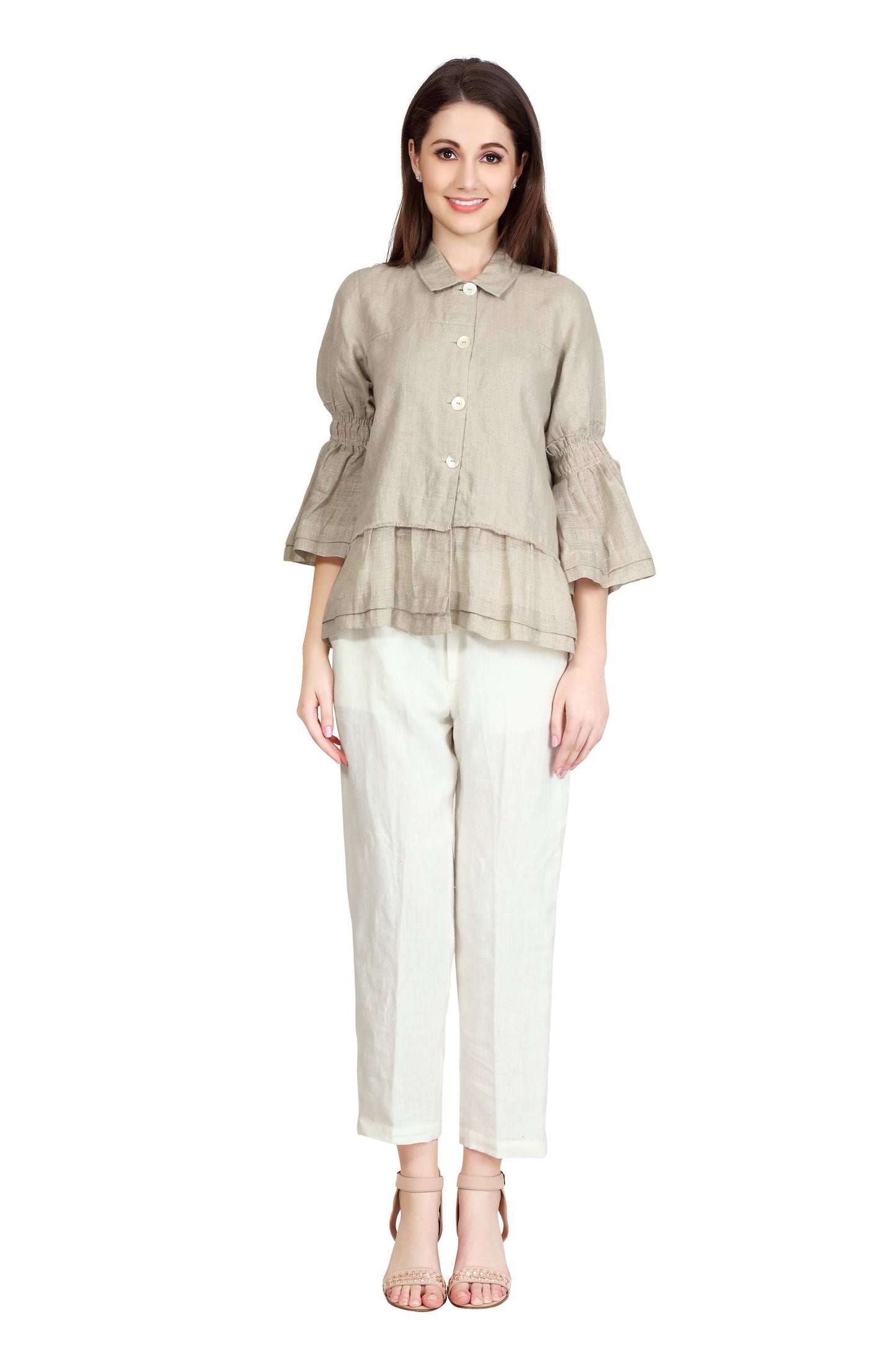 Linen and Linens - Ruffled Linen Shirt - Natural - 1