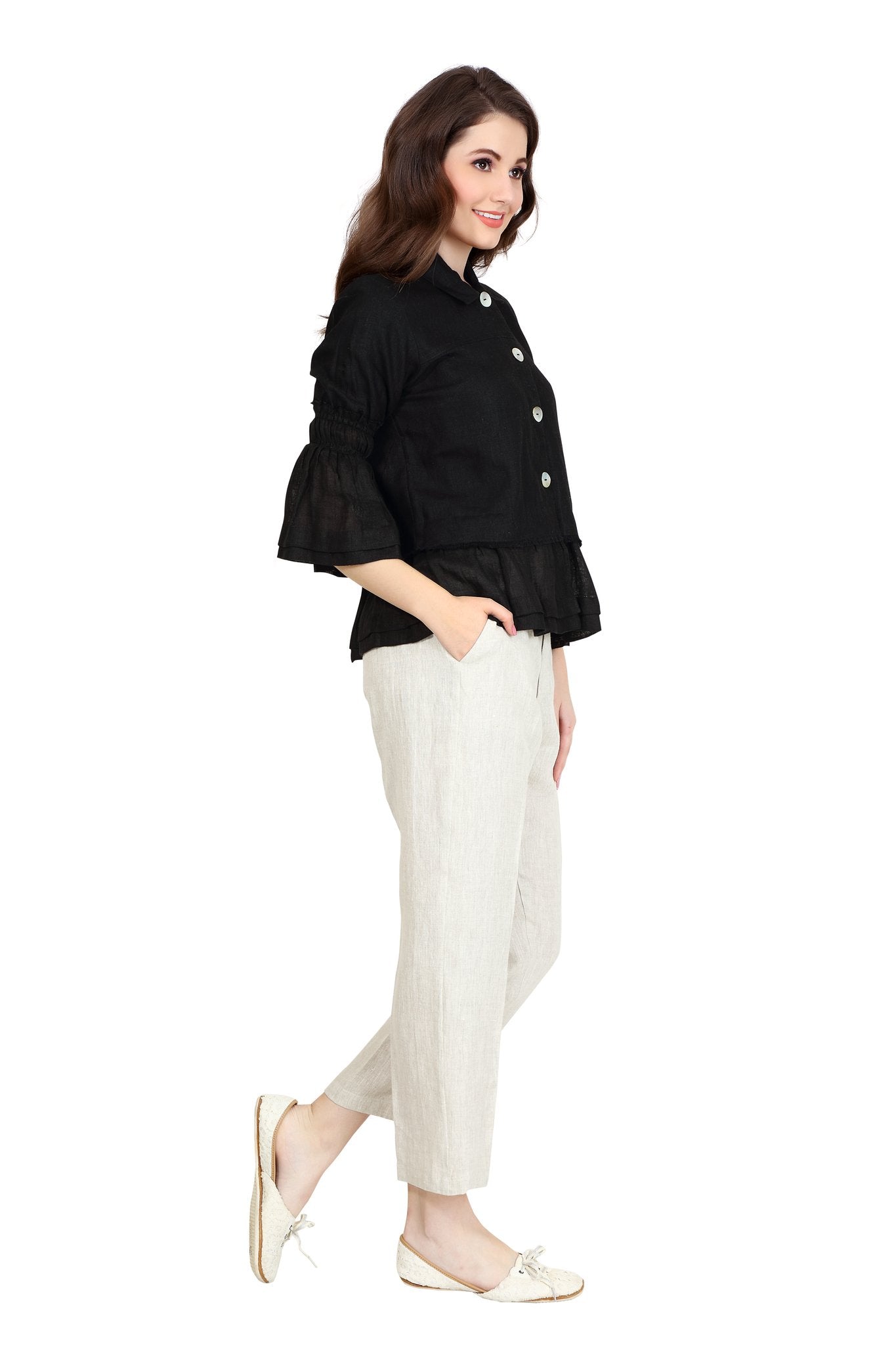 Linen and Linens - Ruffled Linen Shirt - Black - 3