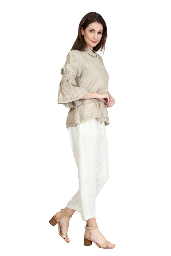 Linen and Linens - Ruffled Linen Shirt - Natural - 2